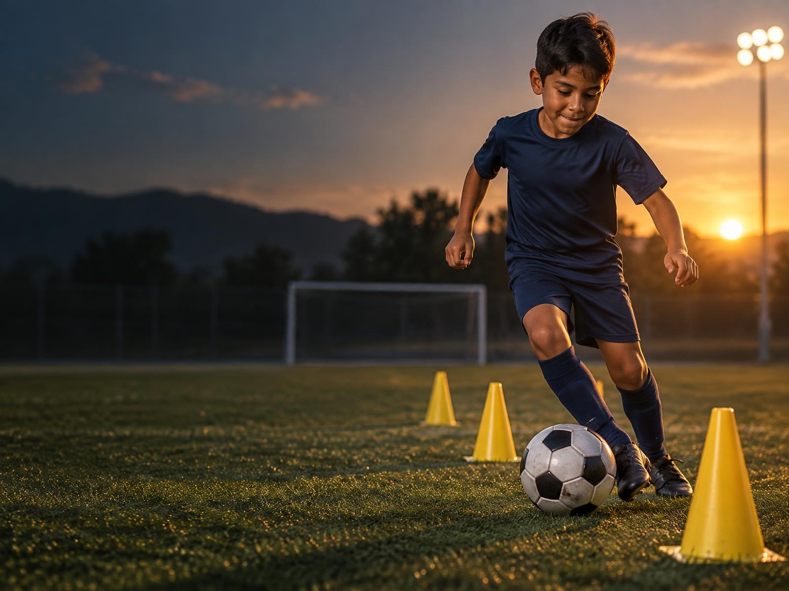Niño practicando conducción de balón entre conos al atardecer